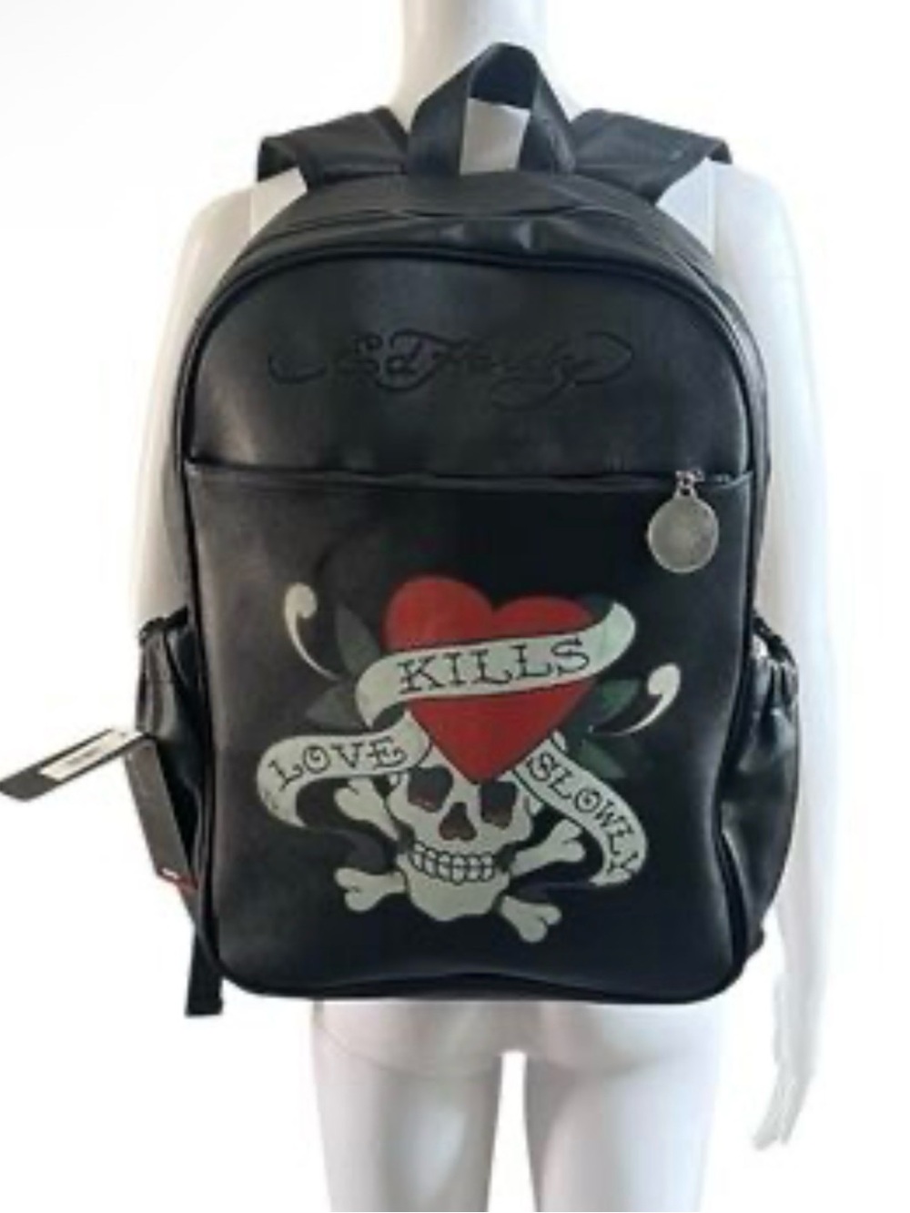 Ed Hardy Black Backpack with Red Heart and Skull Banner Graphic